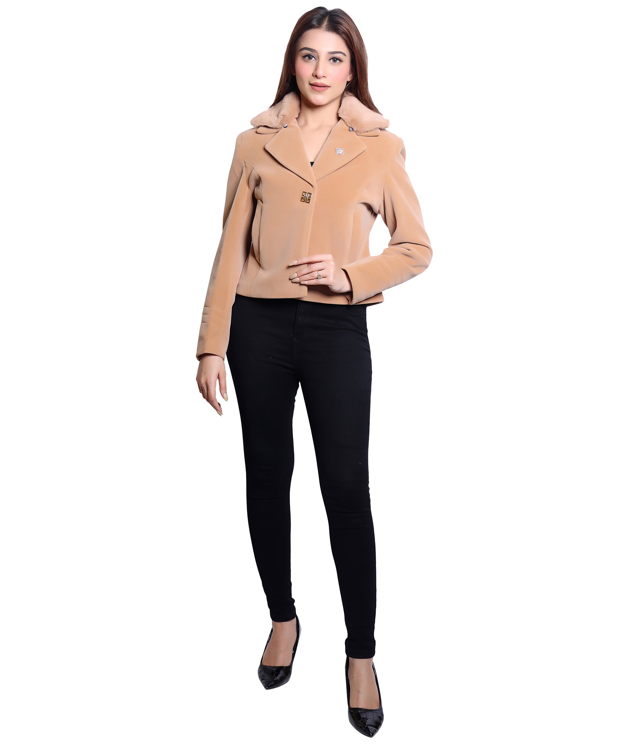 1053 Cropped Camel Coat front view