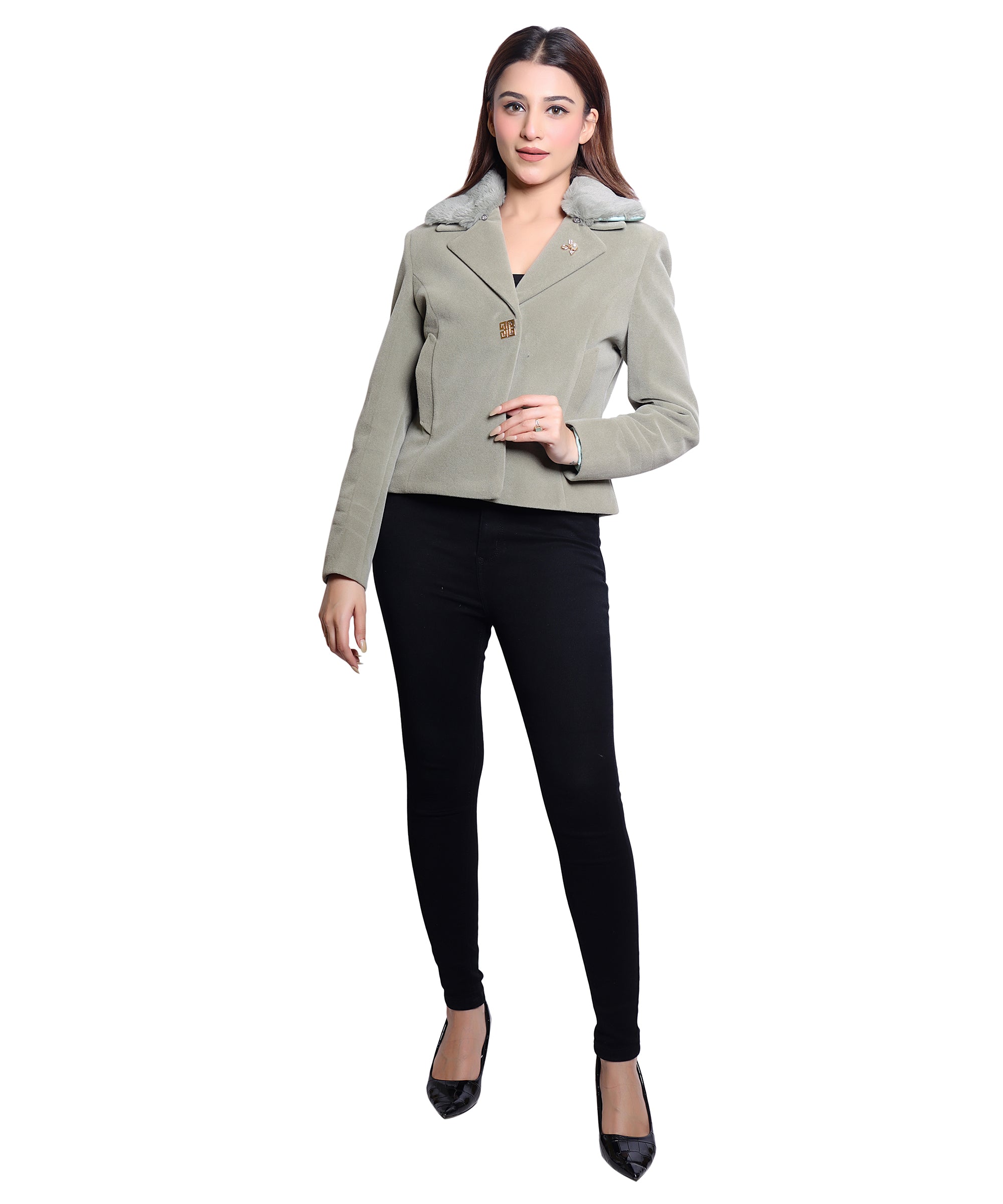 1053 Cropped Teal Coat front view